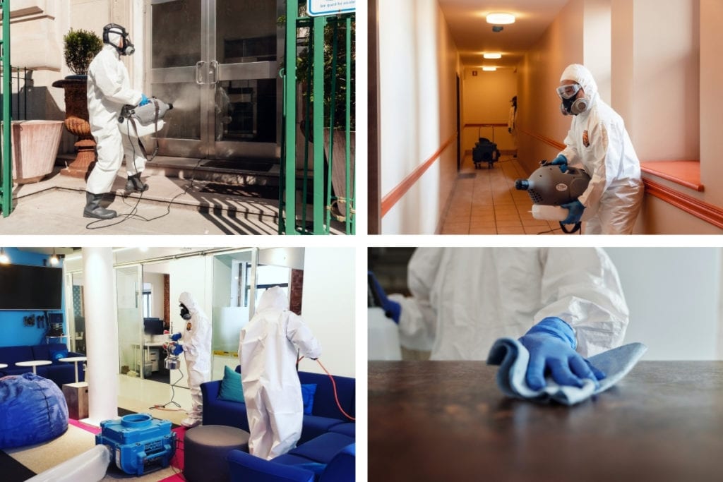 A team of sanitation workers disinfects an office setting using electrostatic fogging machines.