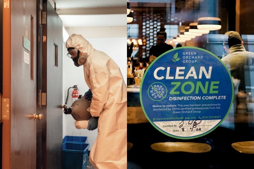 A sanitation worker uses electrostatic fogging to disinfect a restaurant.